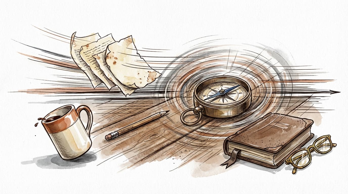 Hand-drawn ink and watercolor illustration of a brass compass on a weathered wooden desk, its needle pointing steadily while speed lines and fluttering papers swirl around it, with a coffee mug, pencil, leather-bound book, and reading glasses settling into calm on the right side of the composition.